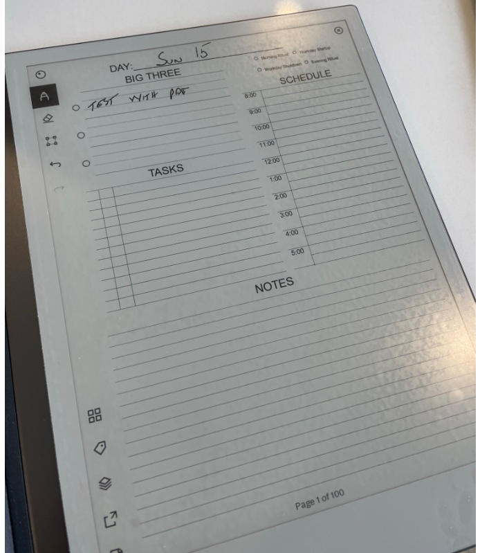 Photo of daily planner pdf on Remarkable 2